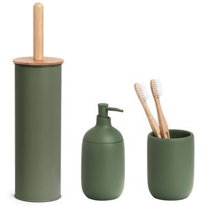 Badkamer accessoires set 3-delig - kunststeen - bamboe hout salie groen - Badkameraccessoireset