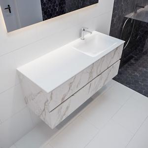 Mondiaz Vica Cloud badmeubel wit carrara mat 120 cm 4 lades solid surface enkele spoelbak rechts 1 kraangat