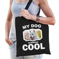 Witte herder honden tasje zwart volwassenen en kinderen - my dog serious is cool kado boodschappenta