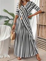 Women's Half Sleeve Summer Dress Black Striped Cross V Neck Going Out Casual Maxi A-Line Dress