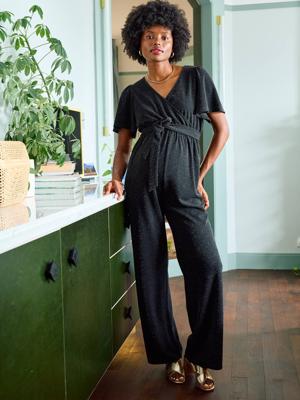 Jumpsuit voor zwangerschap en borstvoeding van glitterend fluweel / velours zwart
