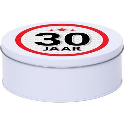 Leeftijd Snoeptrommel - koektrommel Cadeau - wit - rond blik - met 30 jaar sticker