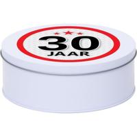 Leeftijd Snoeptrommel - koektrommel Cadeau - wit - rond blik - met 30 jaar sticker