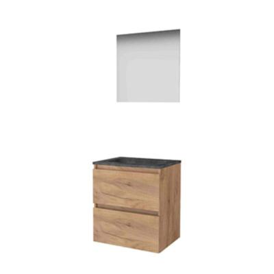 Basic-Line Ultimate 46 Badkamermeubelset - 60 x 46 cm - Greeploos - 2 Lades - Hardstenen Wastafel - Zonder Kraangat - Spiegel met Indirecte LED Verlichting - Whisky Oak