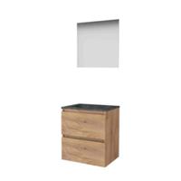 Basic-Line Ultimate 46 Badkamermeubelset - 60 x 46 cm - Greeploos - 2 Lades - Hardstenen Wastafel - Zonder Kraangat - Spiegel met Indirecte LED Verlichting - Whisky Oak