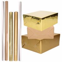 12x Rollen kraft inpakpapier goud/transparant pakket - goud/cellofaan/bruin 500 x 70 cm - 400 x 50 c - Cadeaupapier - thumbnail
