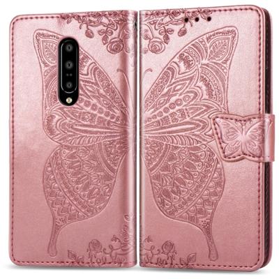 Butterfly Love bloemen reliëf horizontale Flip lederen case voor OnePlus 7 Pro met houder & kaartsleuven & portemonnee & Lanyard (Rose goud)