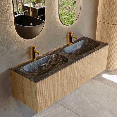 Badmeubel Mondiaz Kurve-Dlux | 140 cm | Meubelkleur Oak | Wastafelkleur Lava | Solid surface | Dubbele spoelbak | 2 kraangaten