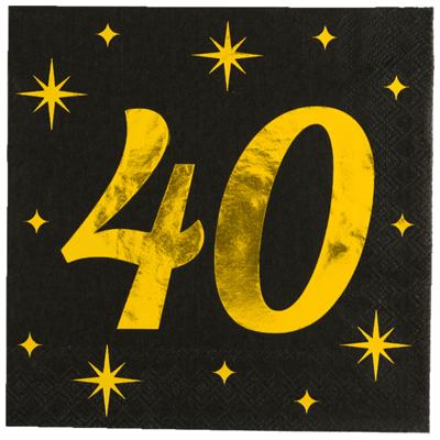 Verjaardag feest servetten - leeftijd 40 jaar - 16x stuks - zwart/goud - sterren - 33 x 33 cm