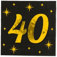 Verjaardag feest servetten - leeftijd 40 jaar - 16x stuks - zwart/goud - sterren - 33 x 33 cm