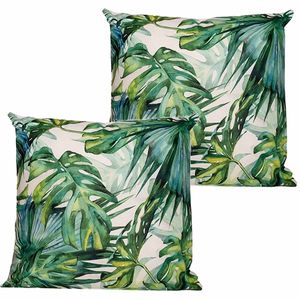 Buitenkussen monstera - 2x - wit/groen - 60 x 60 cm - Water en UV bestendig