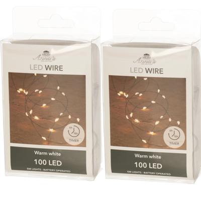 Draadverlichting - 2x - 100 led lampjes - warm wit - 500 cm - lichtsnoer - batterij - timer