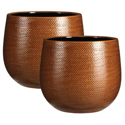 Mica Decorations Bloempot - Set van 2x stuks - geel - ribbel - keramiek - 29x25 cm