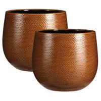 Mica Decorations Bloempot - Set van 2x stuks - geel - ribbel - keramiek - 29x25 cm