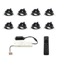 Set van 8 Sienna LED Mini Inbouwspots met trafo - 12 Volt 3 Watt 200 lumen - Dimbaar - Kantelbaar - Plat 30mm - 2700K - IP44 waterdicht - Zwart