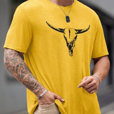 Bon&Bon Men's Plus Size Bull Skull Graphic T-Shirt - Green Street Style Yellow / 4XL Bon&Bon Men's Plus Size Bull Skull Graphic T-Shirt - Green Street Style Yellow / 4XL