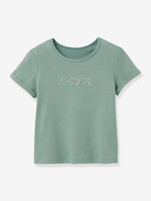 T-shirt met boodschap in Liberty® CYRILLUS stof van biologisch katoen blauwgroen