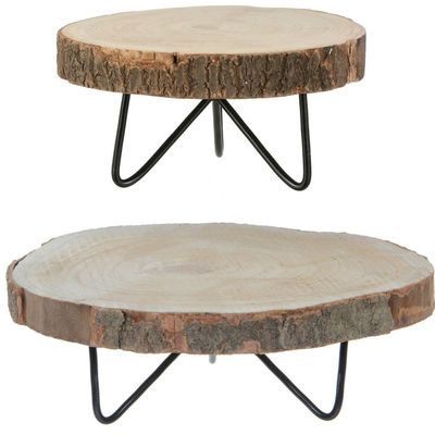 Pia Plant verhoger - 2x - hout-metaal - H14 x D40 - H14 x D29 cm