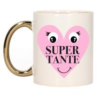 Cadeau koffie/thee mok voor Tante - goud - Super Tante hartje - keramiek - 300 ml