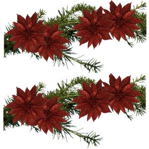 8x stuks glitter decoratie bloemen op clip rood 9.5 cm