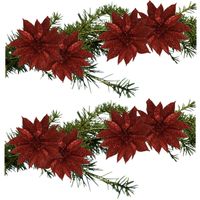 8x stuks glitter decoratie bloemen op clip rood 9.5 cm