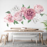 Muursticker - Waterverf Roze en Witte Pioen Bloemen