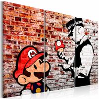 Schilderij - Muurschildering op baksteen - Banksy , rood , mario bros , 3 luik - thumbnail