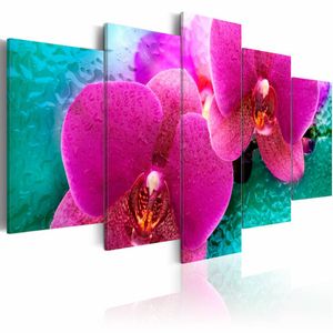 Schilderij - Exotische Orchidee , roze groen , 5 luik