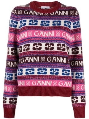 GANNI pull en maille intarsia à col rond - Violet