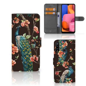 Samsung Galaxy A20s Telefoonhoesje met Pasjes Pauw met Bloemen