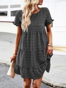 Casual Polka Dots Loose Crew Neck Dress With No