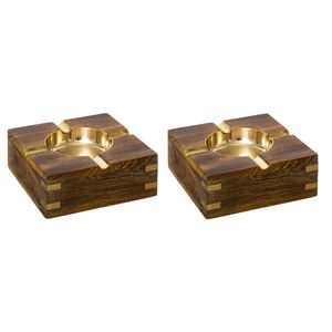 Set van 2x stuks terras asbakken vierkant metaal/hout 10 x 4 cm goud