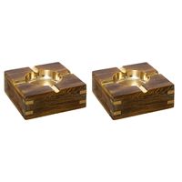 Set van 2x stuks terras asbakken vierkant metaal/hout 10 x 4 cm goud - thumbnail