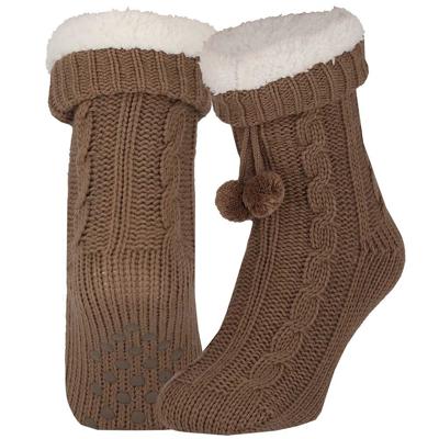 Apollo Huissloffen - dames - gebreid - slofsokken - donkerbruin - one size maat 36/41 - fleece