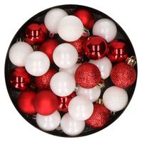 28x stuks kunststof kerstballen rood en wit mix 3 cm - thumbnail