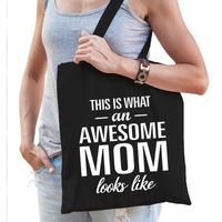 Katoenen cadeau moeder tasje awesome mom zwart - thumbnail