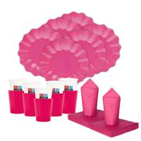 Feest gebaksbordjes/bekertjes set New Wave - 16 personen - fuchsia roze - papier/karton