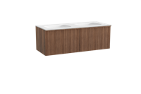 Balmani Forma zwevend badmeubel 135 x 55 cm amerikaans notenhout met Tablo Arcato dubbele wastafel in solid surface mat wit, Verticale asymmetrische ronde ribbel