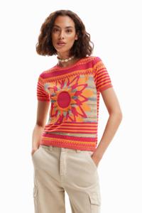 Gebreid T-shirt met bloem - ORANGE - XXL