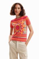 Gebreid T-shirt met bloem - ORANGE - M - thumbnail