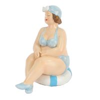 Home decoratie beeldje dikke dame zittend - blauw badpak - 11 cm - Beeldjes - thumbnail