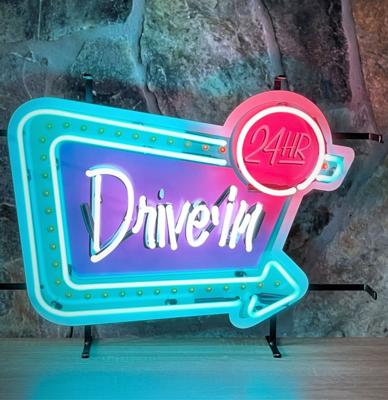 Drive-In 24 Hr Neon Verlichting 70 x 50 cm - Turquoise, Wit, Roze