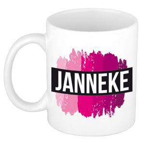 Naam cadeau mok / beker Janneke met roze verfstrepen 300 ml