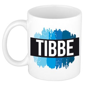 Naam cadeau mok / beker Tibbe met blauwe verfstrepen 300 ml