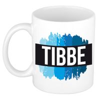 Naam cadeau mok / beker Tibbe met blauwe verfstrepen 300 ml - thumbnail