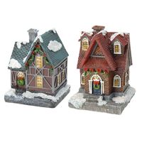 2x Kersthuisjes/kerstdorpje met gekleurde verlichting 13 cm