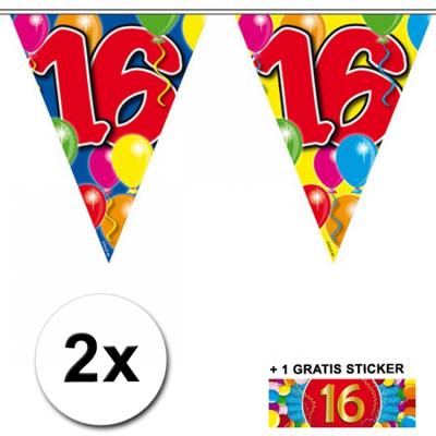 Leeftijd versiering - 2x vlaggenlijnen 16 jaar - met gratis sticker - feestartikelen - verjaardag