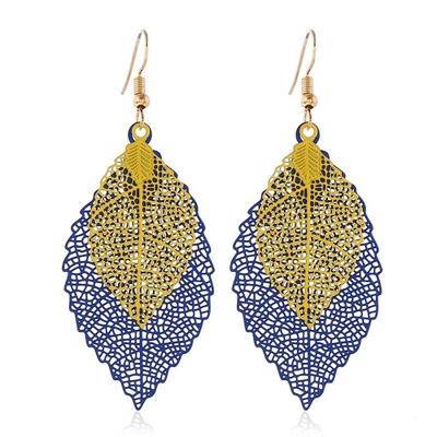 Dubbel gelaagde verlaat Tassel Earrings eenvoudige retro metalen blad-oren ornamenten (Royalblue Yellow)