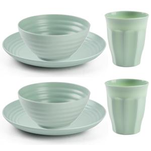 Camping Servies set - kunststof - mintgroen - 6x borden/6x drinkbekers/6x kommetjes