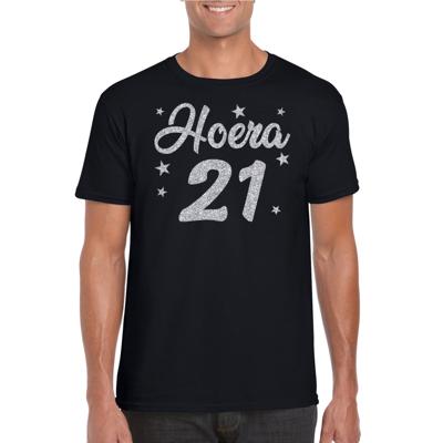 Hoera 21 jaar verjaardag - cadeau t-shirt - zwart - zilver glitter print - heren